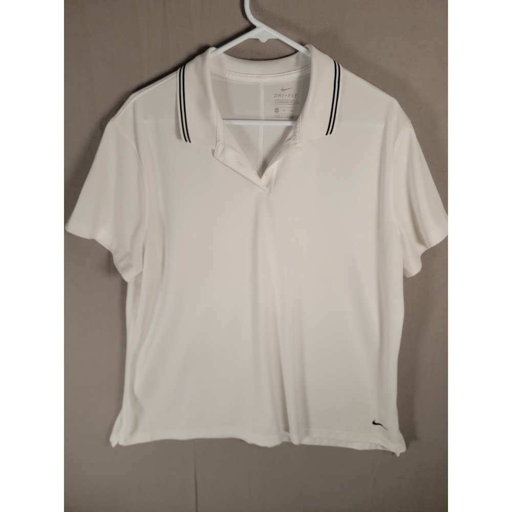 Nike Golf Polo Shirt Womens 2XL White Dri-FIT Short Sleeve V-Neck Striped Collar